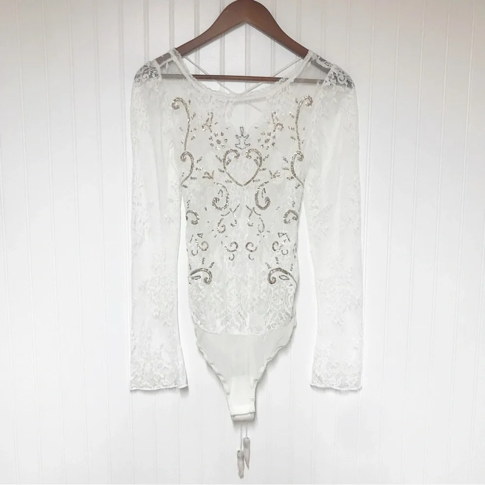 FREE PEOPLE Sheer White Lace Sequin Beaded Bodysuit XS Embroidered Boho Festival